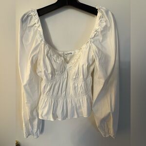Reformation Women’s L - ruffled gathered stretch organic cotton blouse.